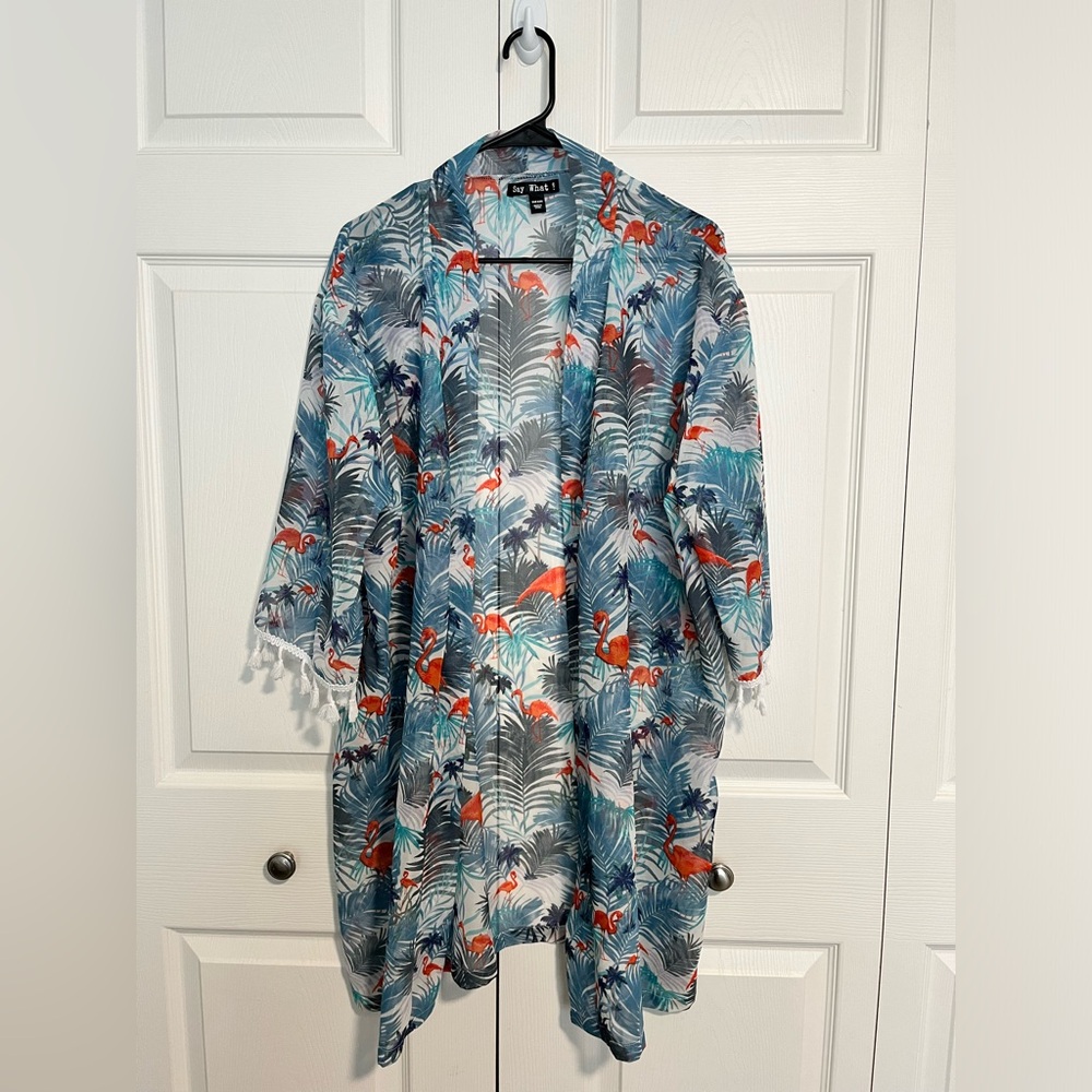Saywhat? Tropical flamingo Sheer coverup. NWOT blue OS